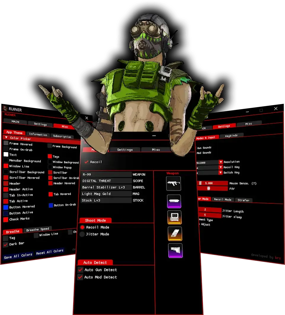 Ruiner Apex Script anti-recoil interface with Octane from Apex Legends