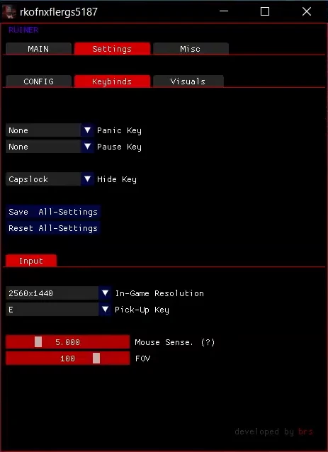 Apex AI penceresi: Settings > Keybinds bölümünde Hide Key, Capslock olarak ayarlı
