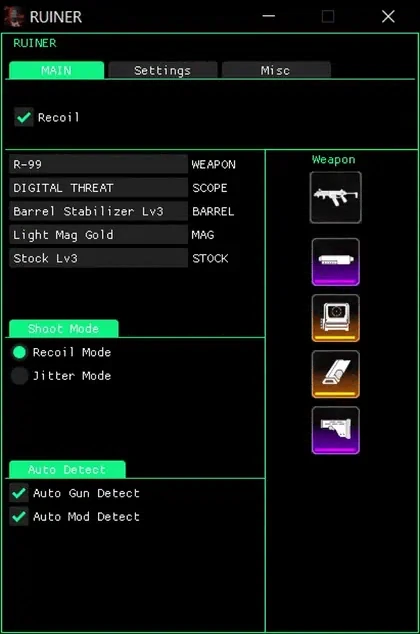 Apex Script penceresi: recoil açık, eklentileriyle R-99, otomatik tanıma